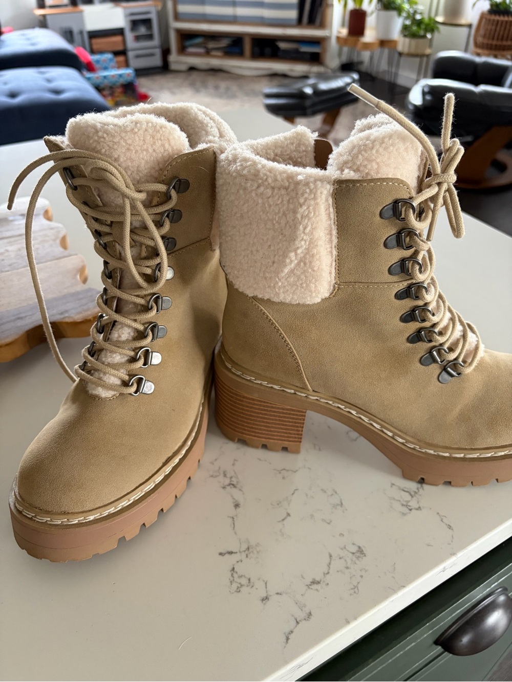 MIA Tan Sherpa-Cuffed Lace-Up Chunky Heel Boots
